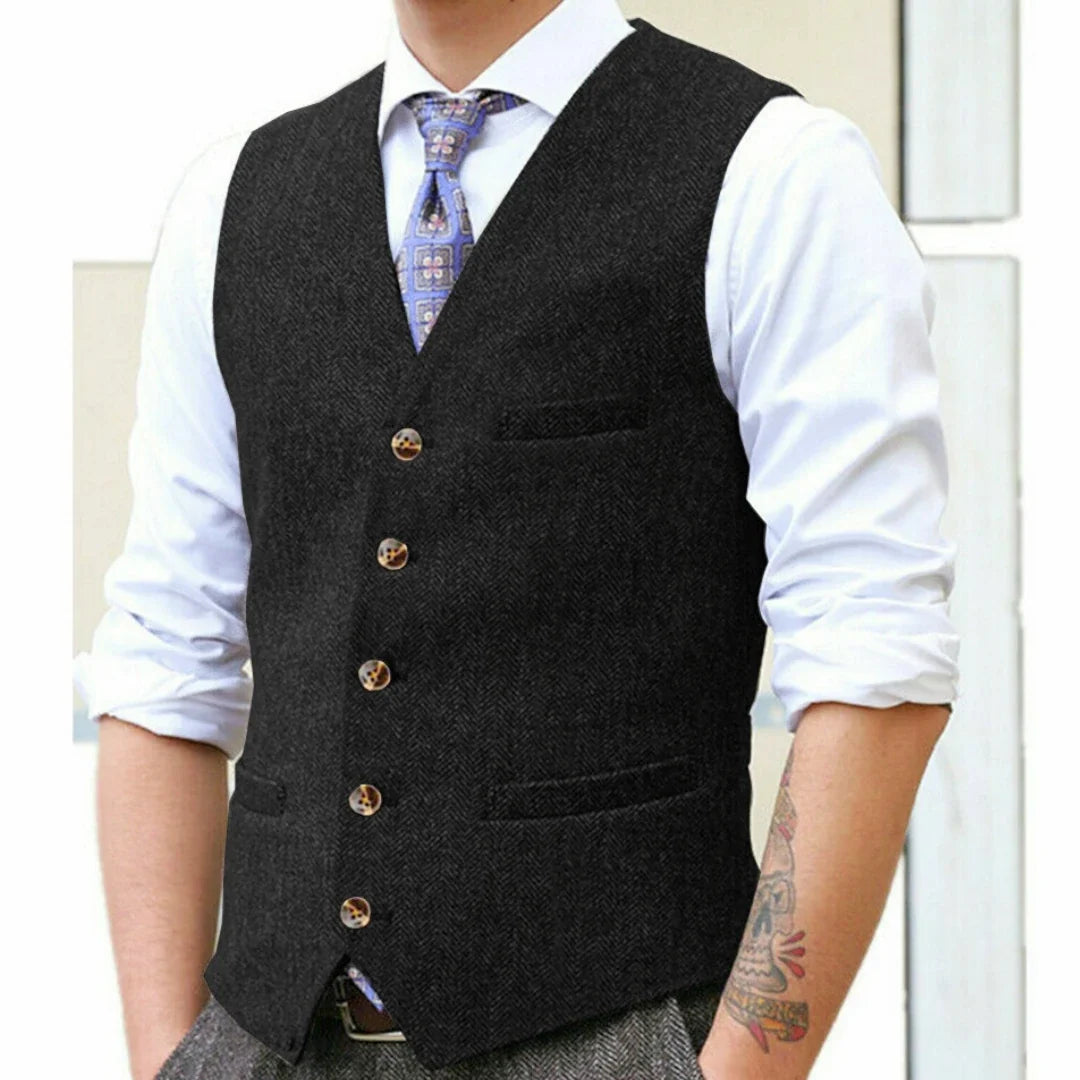 Men Vest Gray Herringbone Single Button With Pocket V Neck Waistcoat For Wedding Banquet Business Work Casual Daily Men Vest