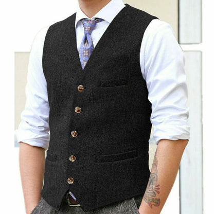 Men Vest Gray Herringbone Single Button With Pocket V Neck Waistcoat For Wedding Banquet Business Work Casual Daily Men Vest