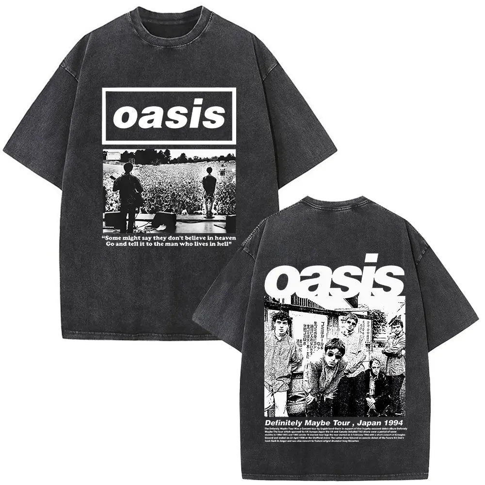 O-Oasis T-Shirts British Rock Band Vintage Washed T-shirt Men Women Clothing Cotton Casual Short Sleeve T Shirts Tops Streetwear