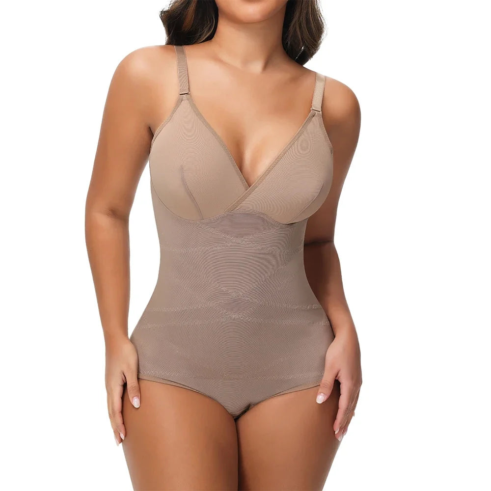 Cross Waist Tummy Control Body Shaping Bodysuit for Women Full Body Control V-Neck Mesh Breathable Briefs Underwear Butt Lifter