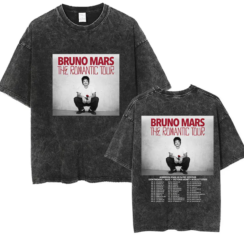 Bruno Mars The Romantic Tour 2026 Vintage Washed T Shirts Men's Women Punk Gothic Fashion Cotton Short Sleeve T-Shirt Streetwear