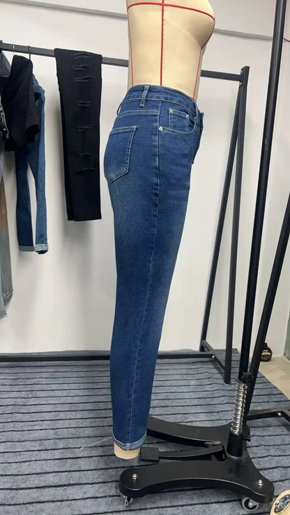 Y2k Jeans For Woman Blue Stretch Denim Pants Multiple Buttons Rolled Hem Ankle Length Fashion Trousers