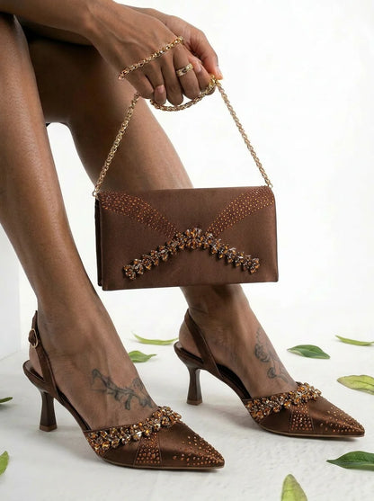 2026 Italian Inspired Gold Rhinestone HAND CRAFTED UPPER Pointed Toe Women High Heels Shoes and Bag Set Elegant Party Shoes