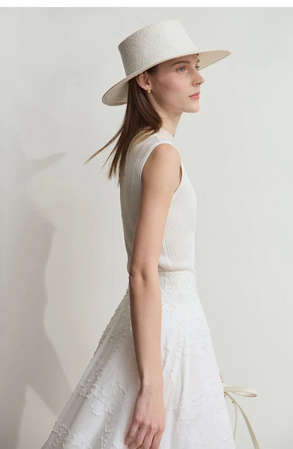 Women Top Minimalist Summer New Solid Color Mock Neck Sleeveless Slim Elastic Double Curved Yarn Knitted Camisole 12542249