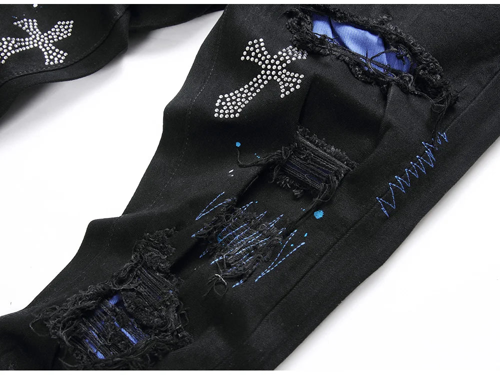 Men Crystal Cross Stretch Denim Jeans Holes Ripped Distressed Black Pants Embroidery Slim Tapered Trousers