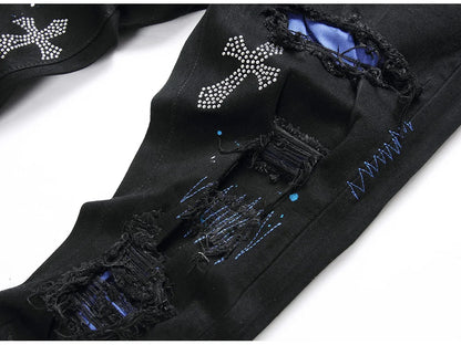 Men Crystal Cross Stretch Denim Jeans Holes Ripped Distressed Black Pants Embroidery Slim Tapered Trousers