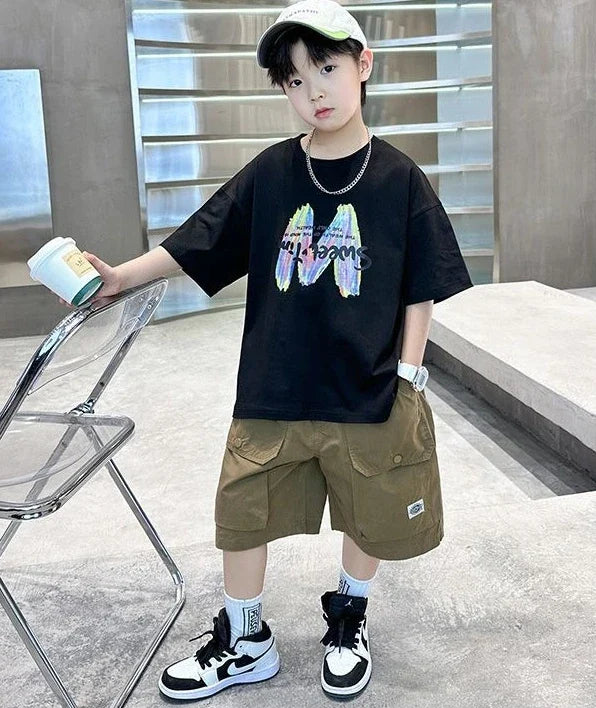 Printing Clothes for Boy Summer Set 2025 New Children's Clothing Boys Kids Top Bottom Elementary Student Men's T-shirts Korean
