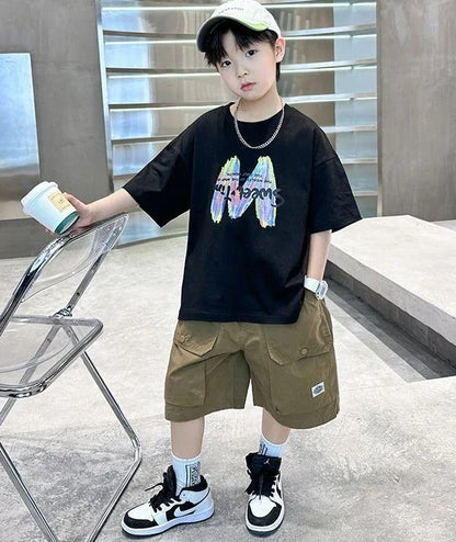 Printing Clothes for Boy Summer Set 2025 New Children's Clothing Boys Kids Top Bottom Elementary Student Men's T-shirts Korean