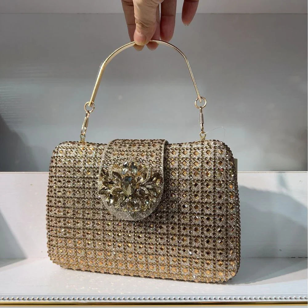 Sparkling Rhinestone Clutch Bag Lady Crystal Evening Purse Luxury Metal Handle Chain Handbag Wedding Party Dinner Diamond Bags