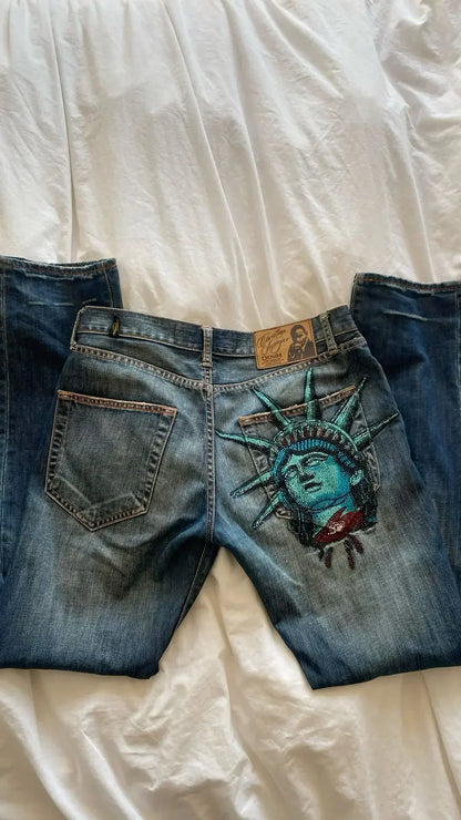 Retro 2000s Diamonds Jeans Y2k Statue of liberty Casual Denim Pants High Waist Straight Harajuku Wide Leg Jeans Women Clothing