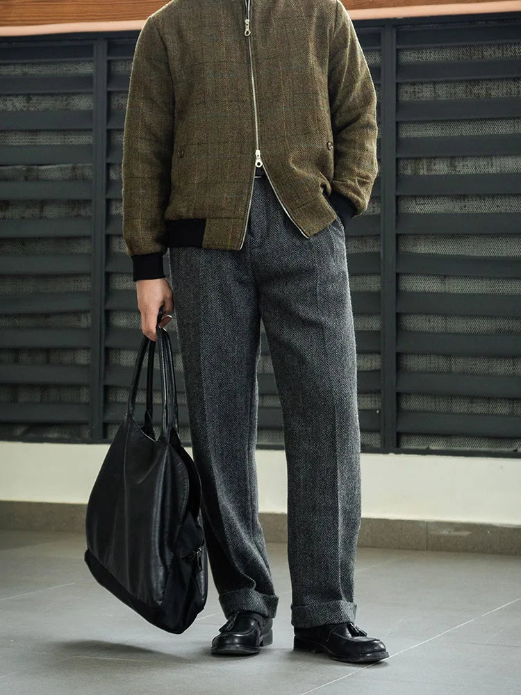 American Vintage Hollywood Waist Wool Tweed Casual Pants Hollywood Classic Loose Straight Leg Pants