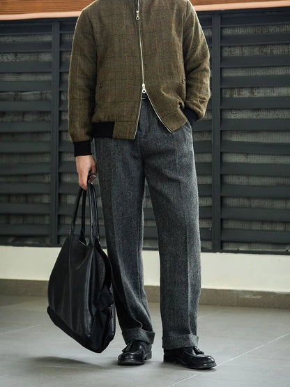 American Vintage Hollywood Waist Wool Tweed Casual Pants Hollywood Classic Loose Straight Leg Pants