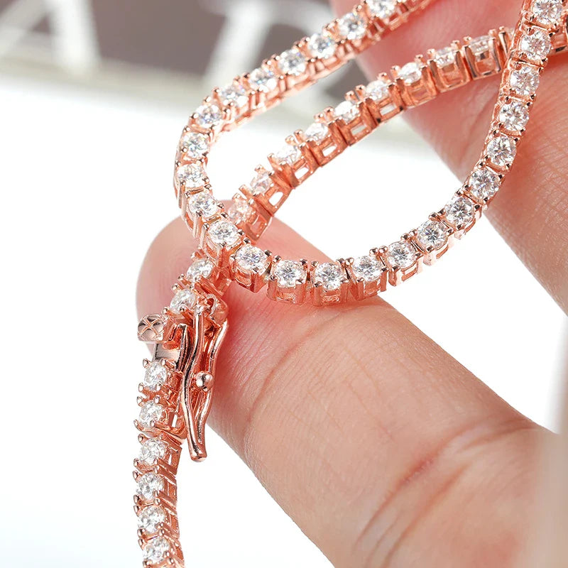 S925 Silver Plated 18k Rose Gold All Moissanite Tennis Necklace D VVS1 2/2.5/3/4/5mm Pass Diamond Test Neck Chain Woman Man