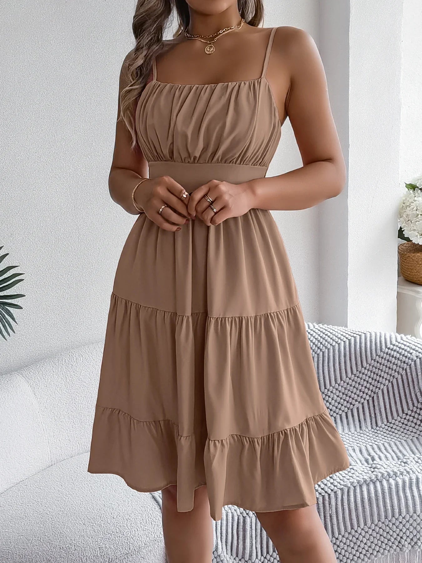 Casual Vacation Ruffled Camisole Dress Spring Summer Women's Solid Dresses for 2026 Valentine's Day Woman Clothing Pink Blue