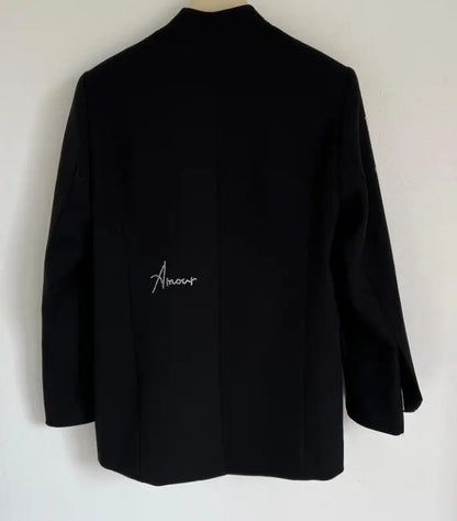 Woman Black Blazer Back Letters Strass Rhinestone Long Sleeved Suit Front Single Button Coat 2026