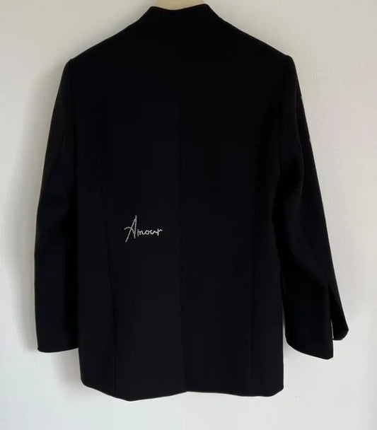 Woman Black Blazer Back Letters Strass Rhinestone Long Sleeved Suit Front Single Button Coat 2026