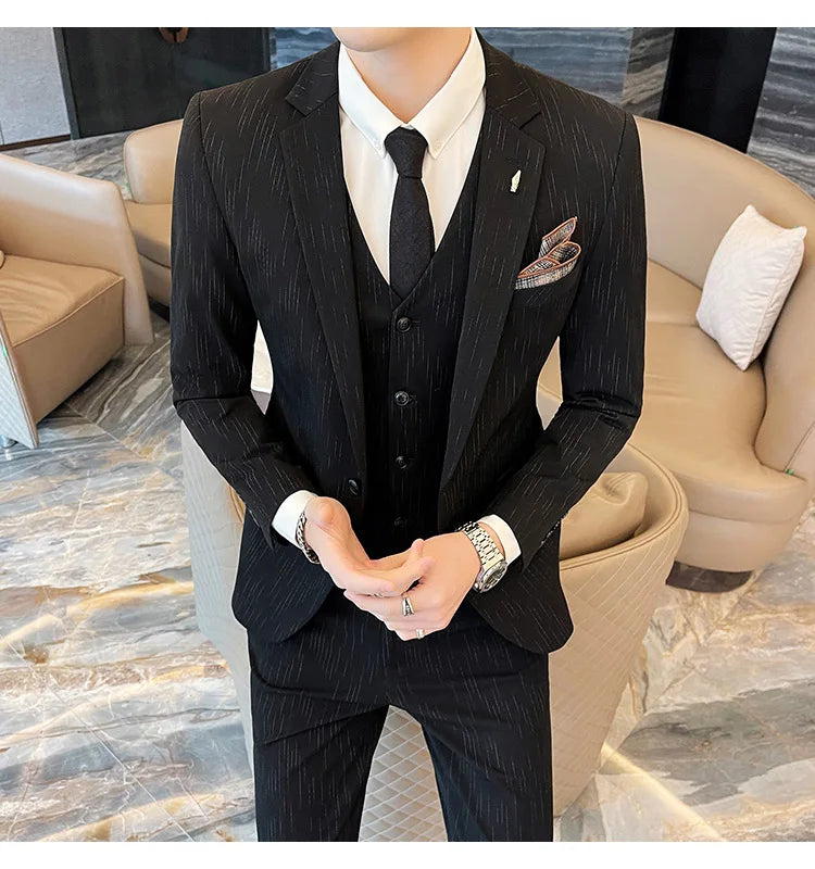 ( Blazer + Vest + Pants ) High-end Formal Casual Business Striped Fashion Men's 3 Piece Suit Groom Wedding Dress Suit