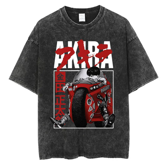 Washed Vintage Anime Akira T Shirts Japanese Science Fiction Cartoon Movie Shotaro Kaneda T-shirt Men's Manga Oversized T-shirts