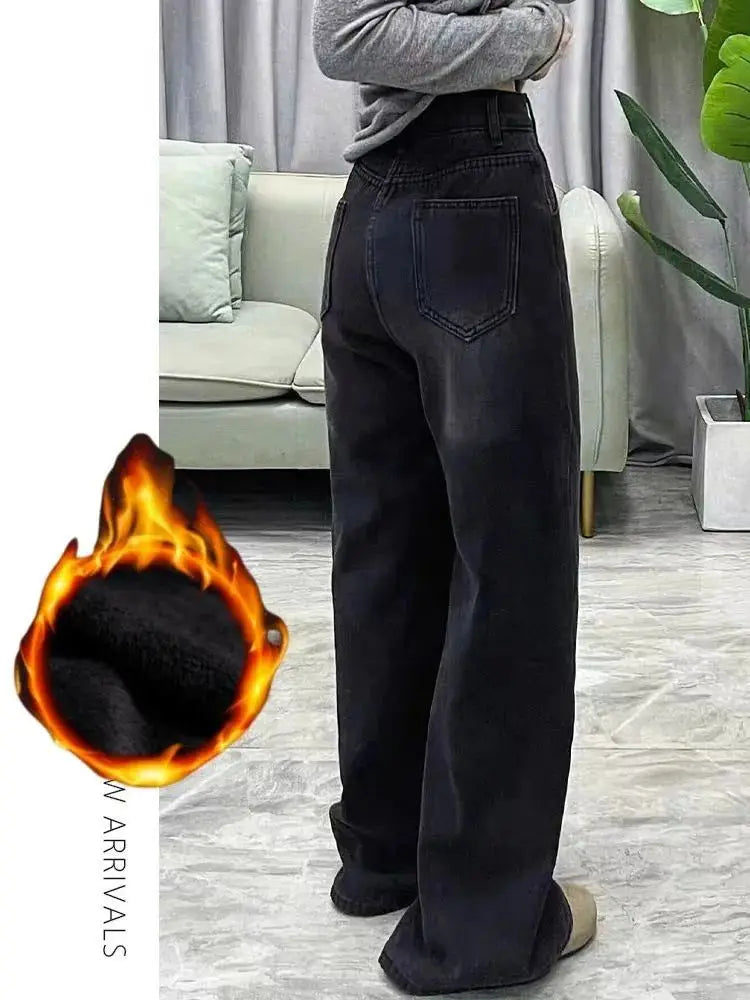 Womens Jeans Y2k Jeans Flared Trousers Black Gray Straight Leg Winter Warm Fleece Lined Loose Fit High Waist Wide Leg Fashion