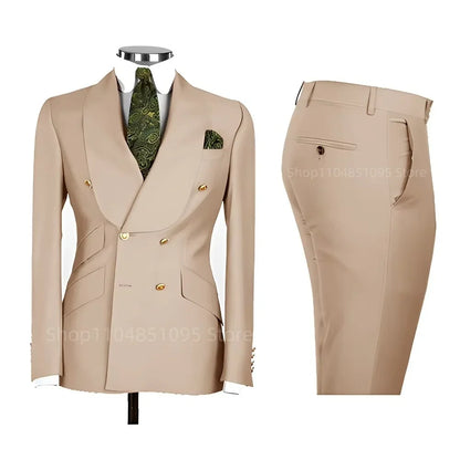 2 PCS Men's Smart Casual Solid Formal Tuxedo Suits with Shawl Lapel Double Breasted Jacket And Pants for Business And Wedding