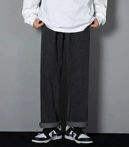 Korean Solid Colors Men's Casual Long Jeans Classic Man Four Seasons Straight Denim Wide-leg Pants Light Blue Grey Black 3XL