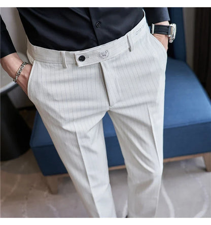 New Korean Style Fashion Striped Embroidery Suit Pants Men's Business Slim Casual Straight Pants Formal Wedding Party Trousers