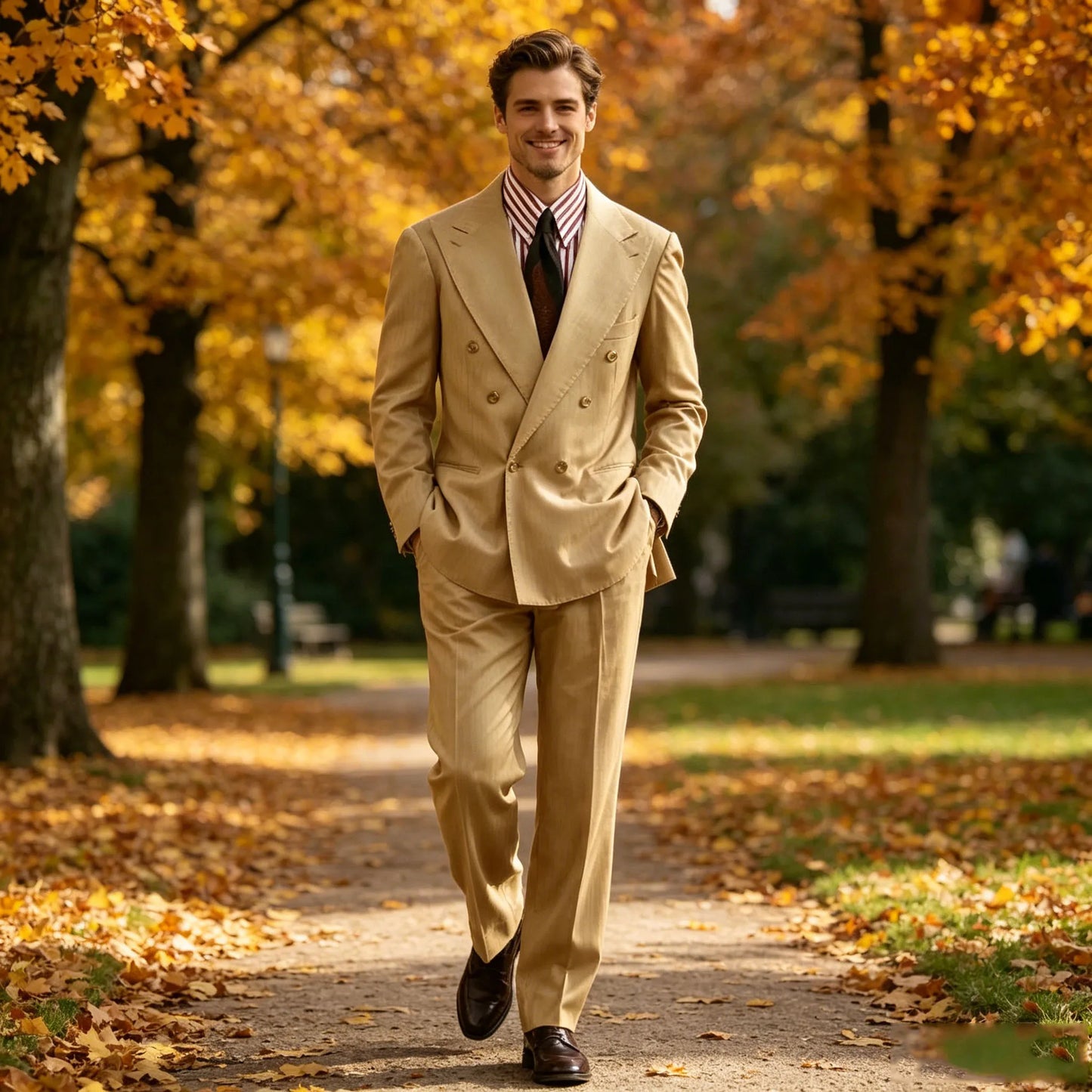 Men's Khaki Suit 2 Piece Set Double Breasted Peak Lapel Blazer Straight Leg Pants Fashion Formal Outfit Business Casual Wedding