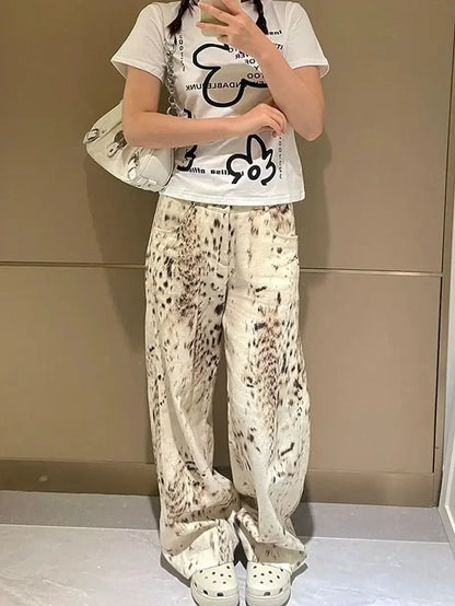 Harajuku Casual Style Jeans Leopard Print Vintage High Waist Loose Street Pants Women's Y2K Wide Leg Punk Baggy Denim Trouser