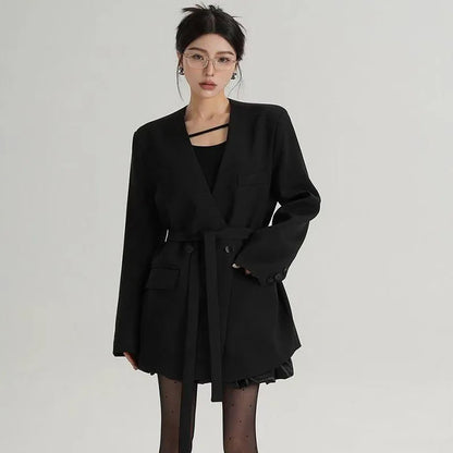 Fashion Collarless Blazers Jacket Ladies Korean Streetwear Design Belt Temperament Blazer Woman Chic Long Sleeve Loose Suit Coat