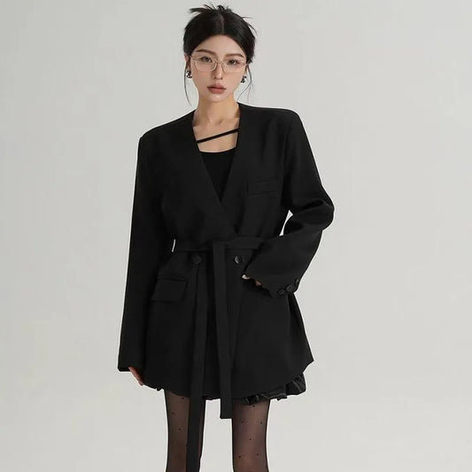 Fashion Collarless Blazers Jacket Ladies Korean Streetwear Design Belt Temperament Blazer Woman Chic Long Sleeve Loose Suit Coat