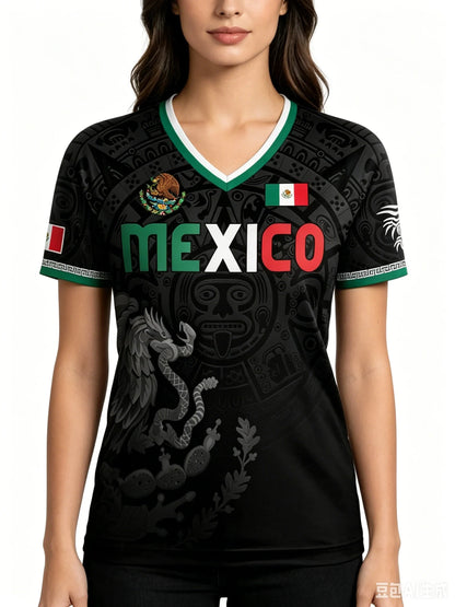 Mexico National Flag 3D Eagle Print Women's T-Shirts Casual V-neck Short Sleeve Tees Fashion Football Fan Summer Female Clothing