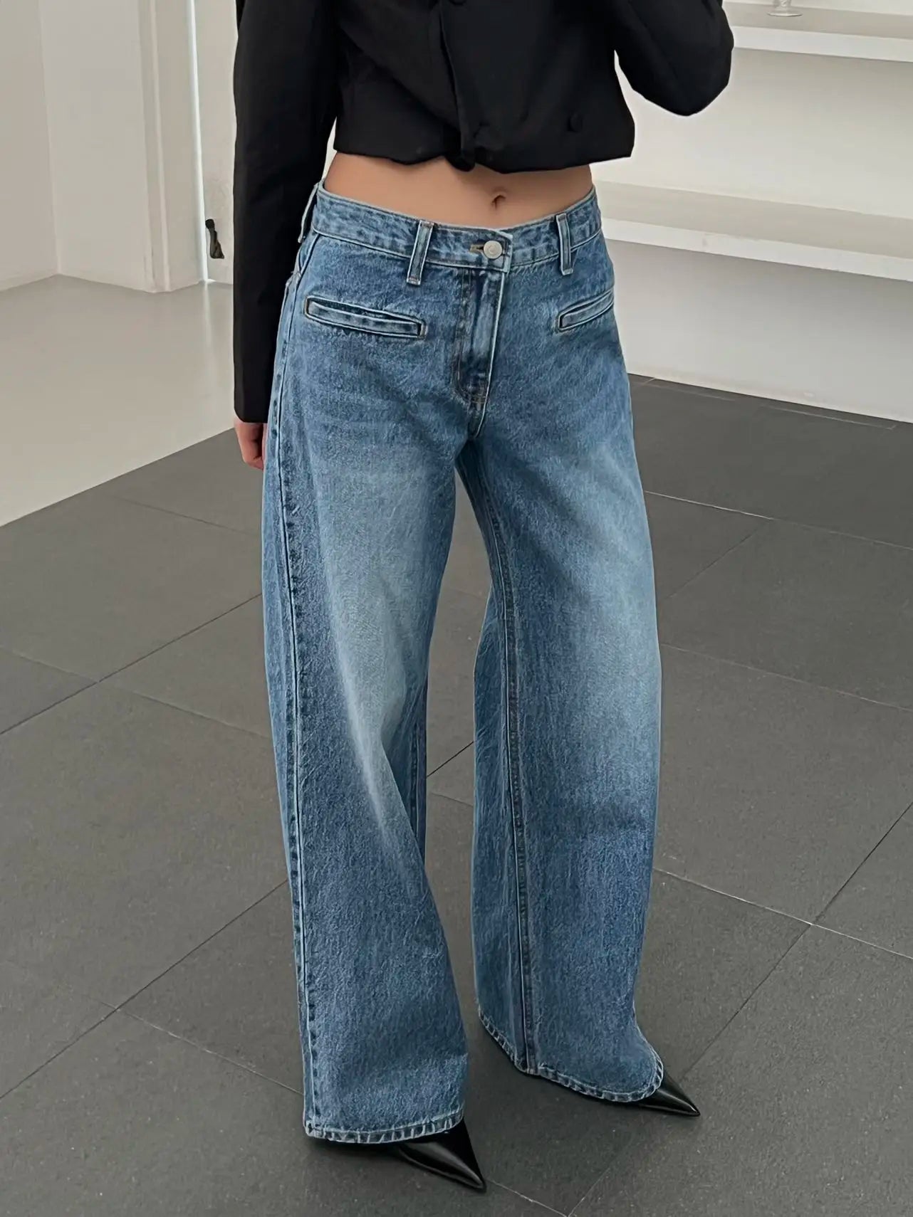 Retro High Waist Slim Fit Blue Jeans Women's Autumn Winter Straight Leg Long Pants Wide Leg Pants Classic Waed Denim