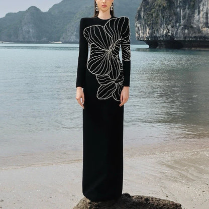 Modern Beading Evening Dress O-Neck Long Sleeve Straight Floor Length Women Customized Occasion Formal Jersey Party Gown New