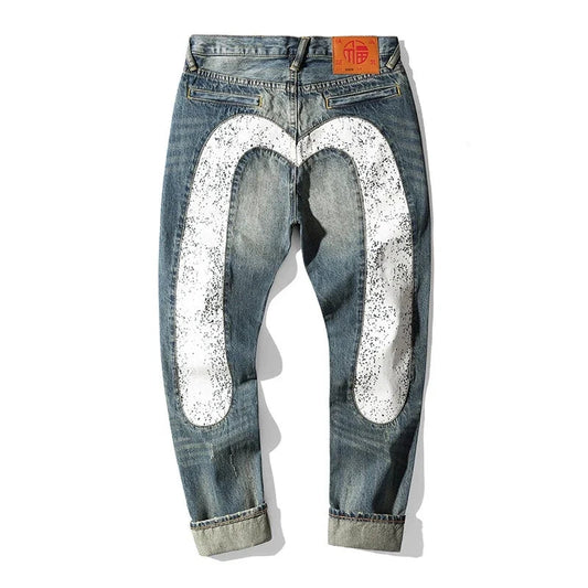 Men's Japanese Handmade Embroidered Jeans Pure Cotton Straight Tube Hip-Hop Popular Slim Red Ears Show Thin Trousers Blue MDevil