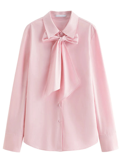 Pure Cotton Oversized Bow Detail Women's Autumn 2025 New Arrival Laid-Back Long Sleeve Blouse with Sash 25FS13213