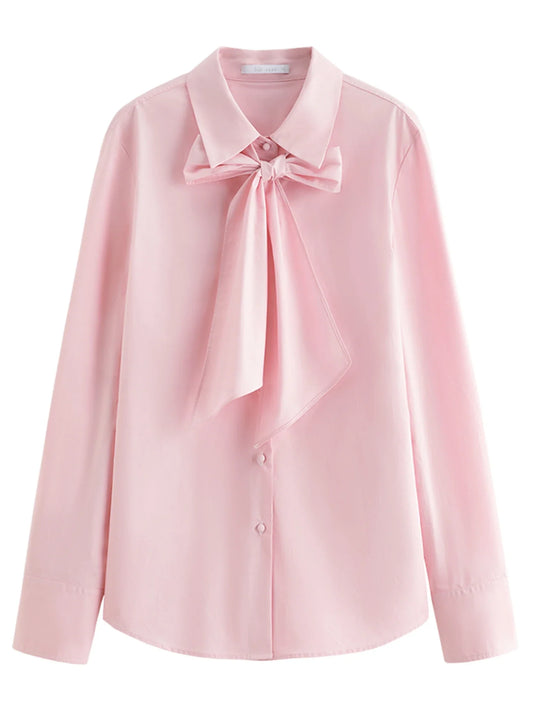 Pure Cotton Oversized Bow Detail Women's Autumn 2025 New Arrival Laid-Back Long Sleeve Blouse with Sash 25FS13213