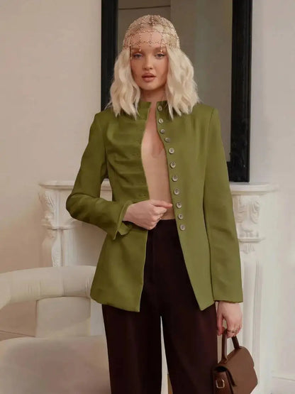 Women 2026 Spring Autumn Mandarin Collar Blazer Ruched Front Multi Row Buttons Long Sleeve Fit Formal Office Outerwear Coat