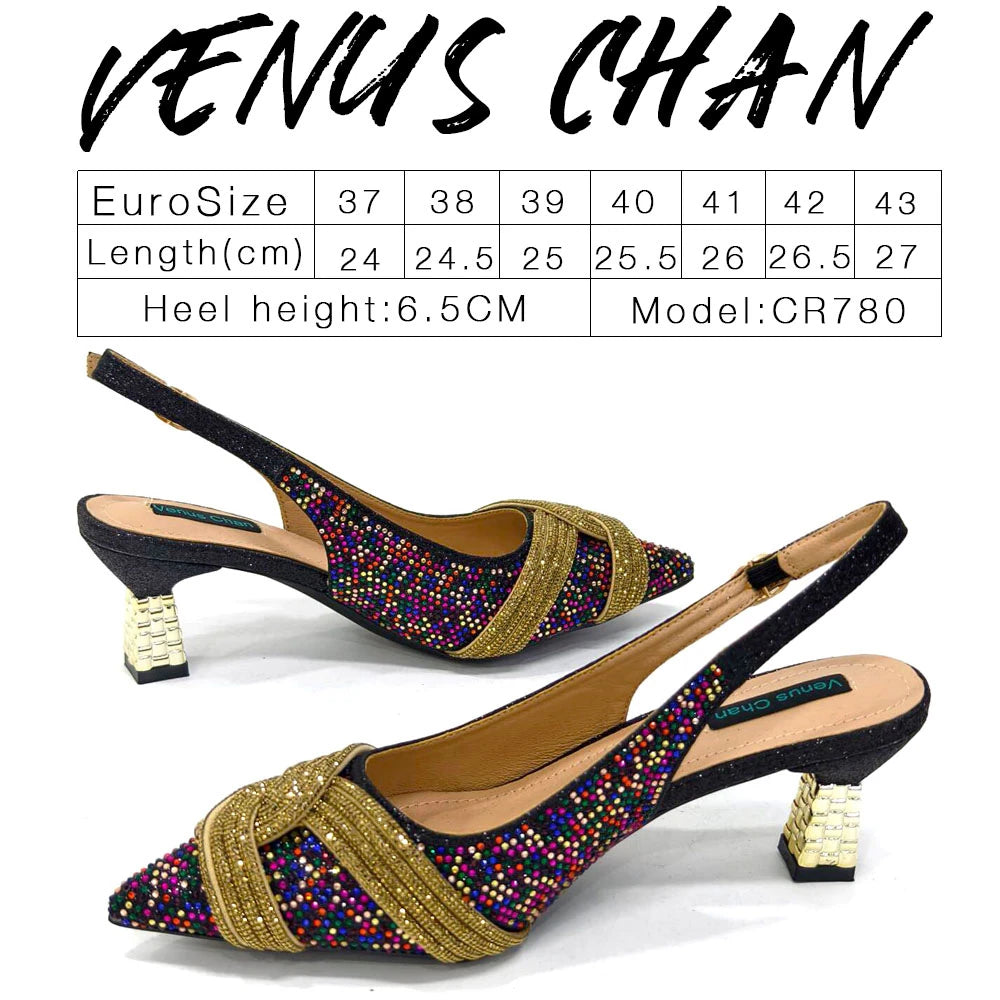 Nigerian Heel Party for Women Shoes and Bag Set Champagne Colour Rhinestone Handbag Italian Design Wedding INS 2024