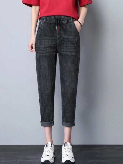 Elastic Waist Dad Harem Jeans Women's Light Blue Spring Summer New Style High Waist Wear Resistant Eighteen Inches Blue Jeans