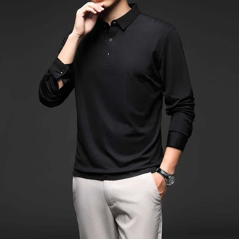 Mulberry Silk Men's Polo Shirts Luxury Long Sleeve Solid Color Golf Male T-shirts Spring Autumn Business Casual Man Tees