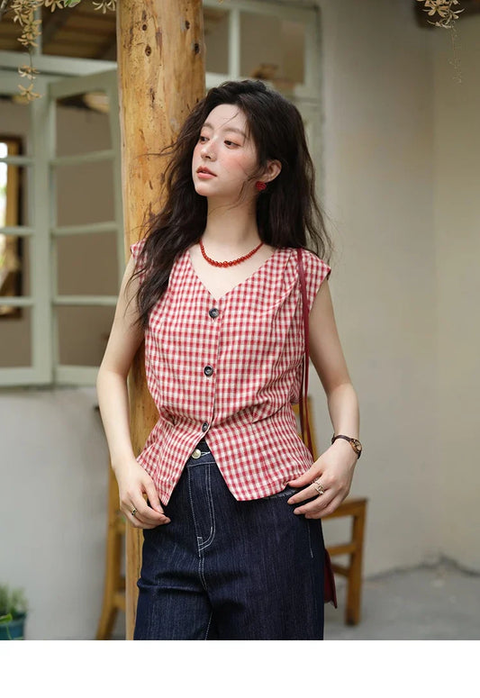 Women's Fashion V-neck Shirt 2026 Summer New Plaid Ladies Red Button Shirt Casual Retro Top Female Clothing MXE37X1921