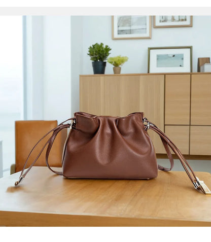 Luxury Pleated Cloud Crossbody Bag - Premium Genuine Leather Drawstring Shoulder Purse, Versatile Small Bag for Elegant Lady