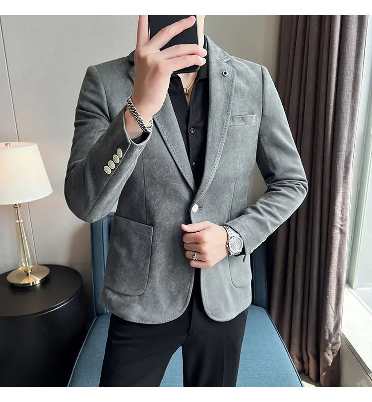 High-quality, fashionable men's stylish, versatile and trendy Korean-style slimming suede business casual suit