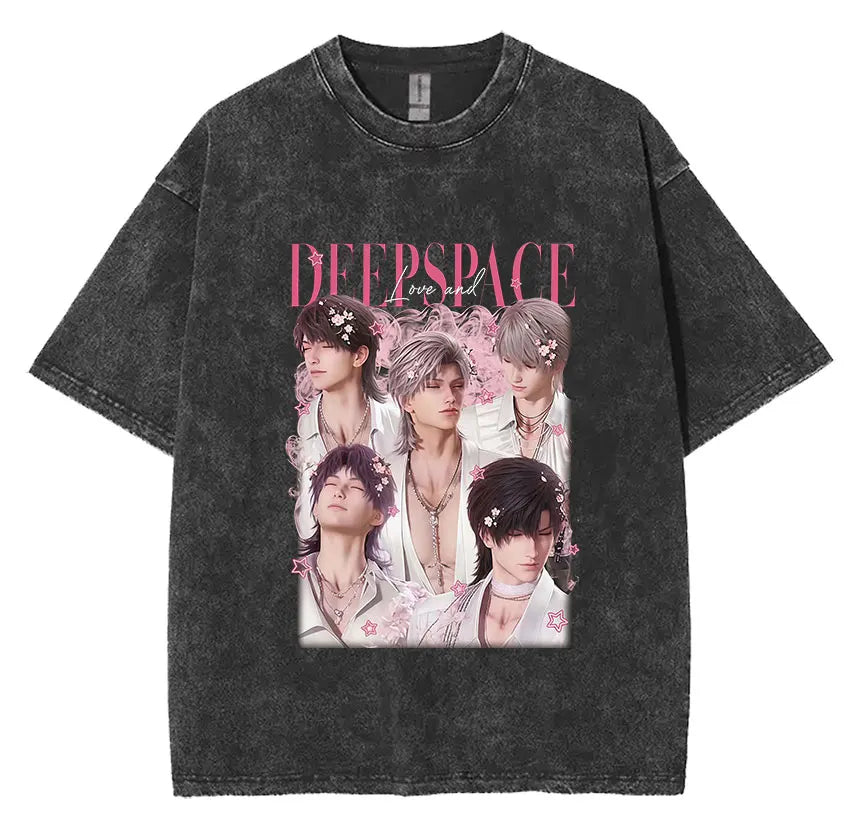 Sylus Love and Deepspace Vintage Washed T Shirts Girl Dinner Summer Harajuku Graphic T-Shirt Men's Women Oversized Cotton Tshirt