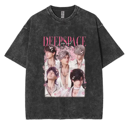 Sylus Love and Deepspace Vintage Washed T Shirts Girl Dinner Summer Harajuku Graphic T-Shirt Men's Women Oversized Cotton Tshirt