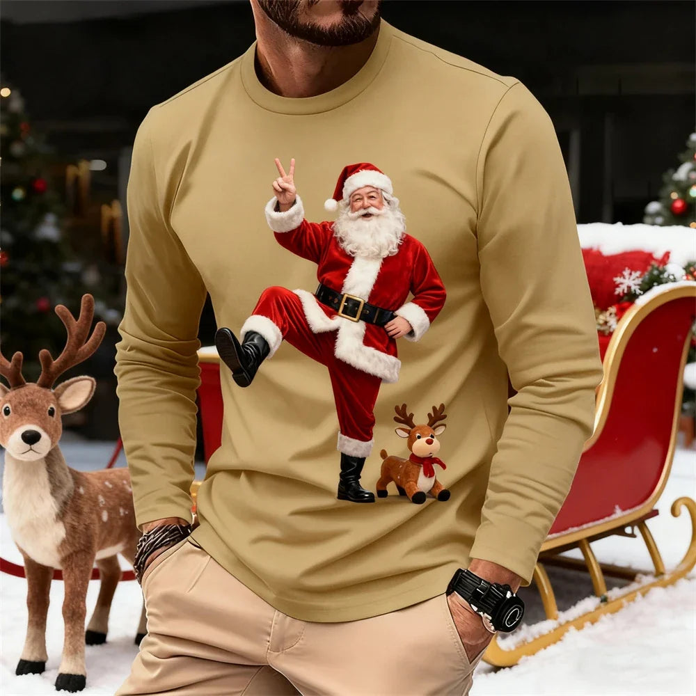 Christmas-Themed Men's Fashion Long-Sleeve T-Shirt Relaxed Fit Comfortable Crew Neck Sweatshirt Holiday Party Attire