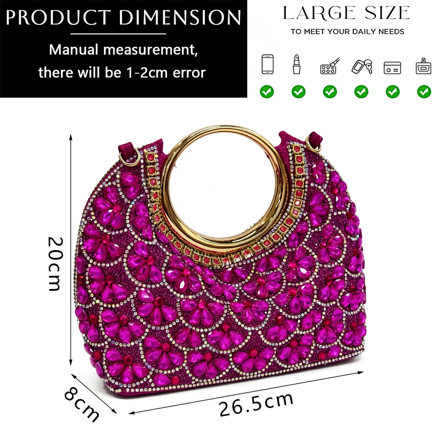 2026 New INS Italian Design Fuchsia Rhinestone Pointed Toe High Heels with Matching Handbag Set Elegant Wedding and Party Shoe