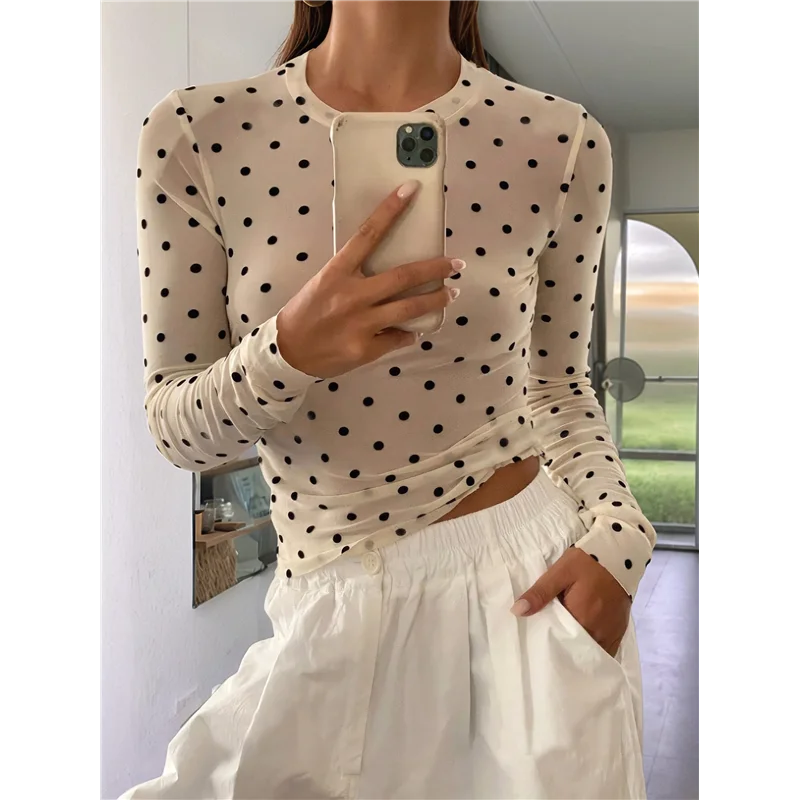 ABRT-Women's Round Neck Polka Dot Perspective Mesh Slim Fit Long Sleeve Shirt
