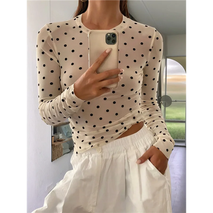 ABRT-Women's Round Neck Polka Dot Perspective Mesh Slim Fit Long Sleeve Shirt
