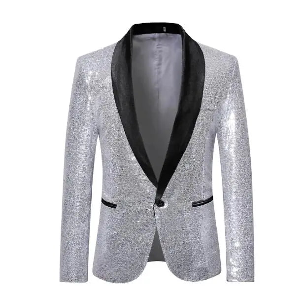 2026 Men's Suit Jacket, Shiny Sequin Stage Performance Coat, White Silver Blue Red Purple Blazers V-neck Single Button S-XXL
